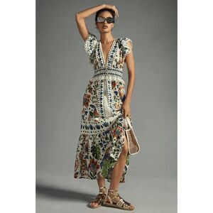 Farm Rio White Floral Summer Garden Flutter Sleeve Maxi Dress Women's Size Small